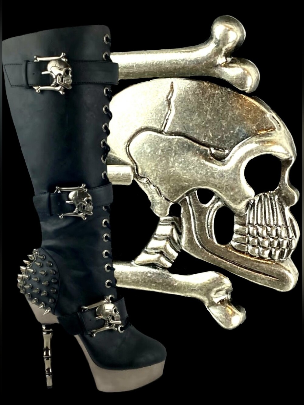 Demonia muerto 2028 chrome bone spiked heel skull buckle lace up boots 11 BNIB - Picture 12 of 17